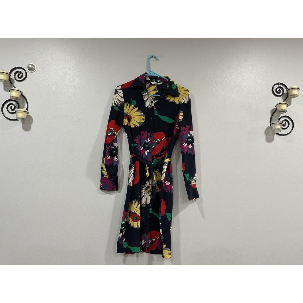 Tucker Silk Crepe de Chine Floral Collared Long Sleeve Dress XS